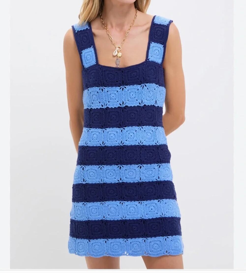 Hyacinth House Tuckernuck Cornflower Blue Navy Crochet Cooper Mini Dress XS BNWT